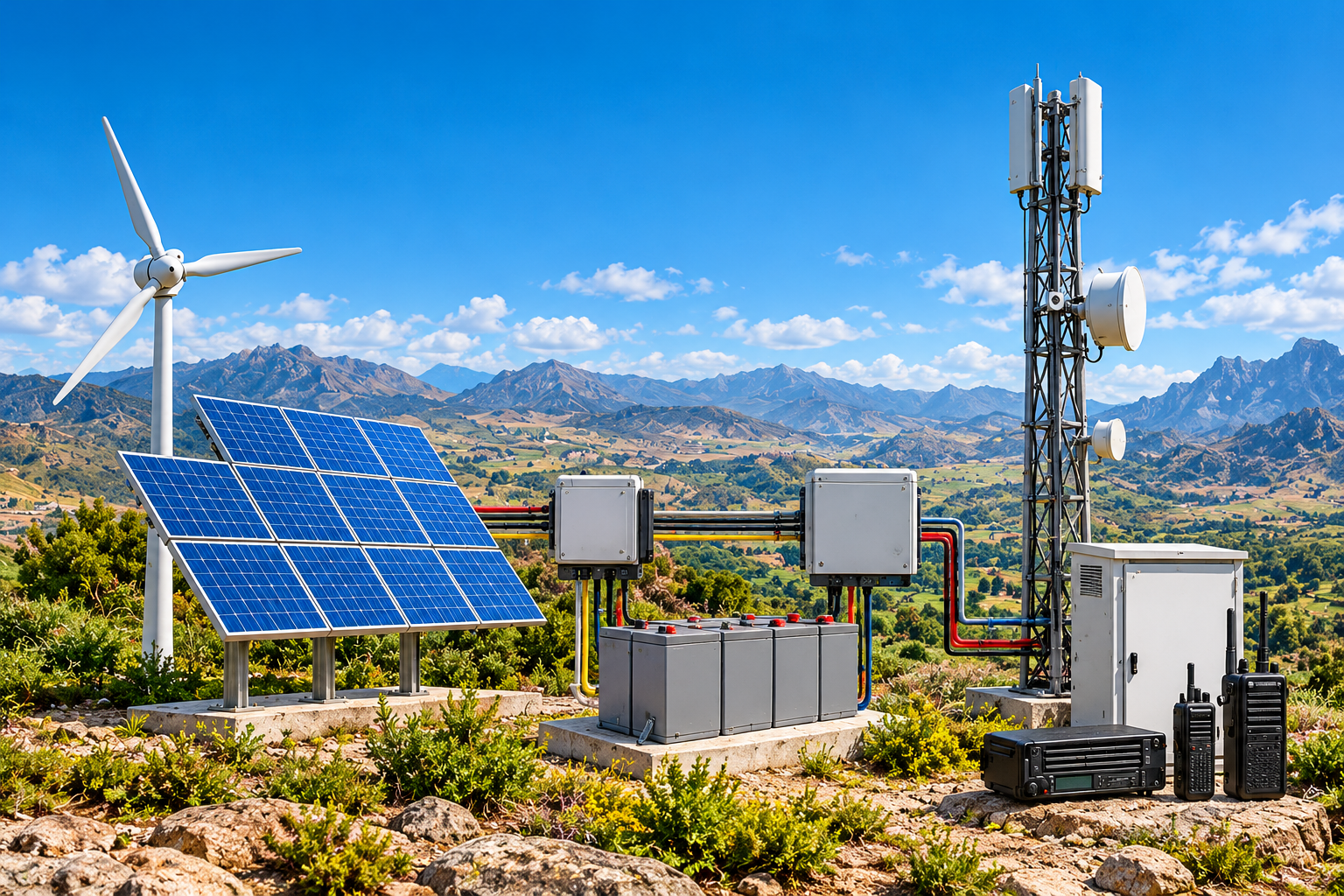 Instalación ilustrativa de energía solar y eólica con controlador, baterías, inversor y equipos de telecomunicaciones en una zona remota